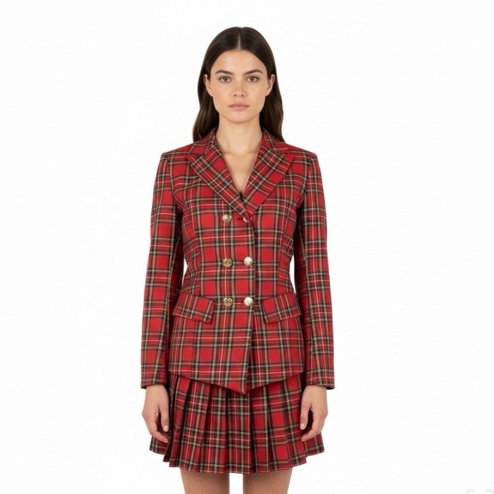 Hug Sunshine Womens Red Plaid Blazer & Pleated Skirt Set Sz L